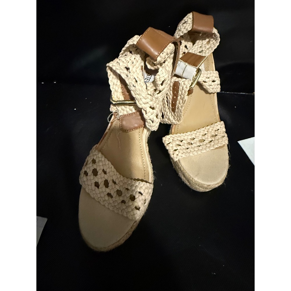 Steve Madden Madest-R Woven Crochet Espadrille Wedge Sandals Cream Tan Size 6